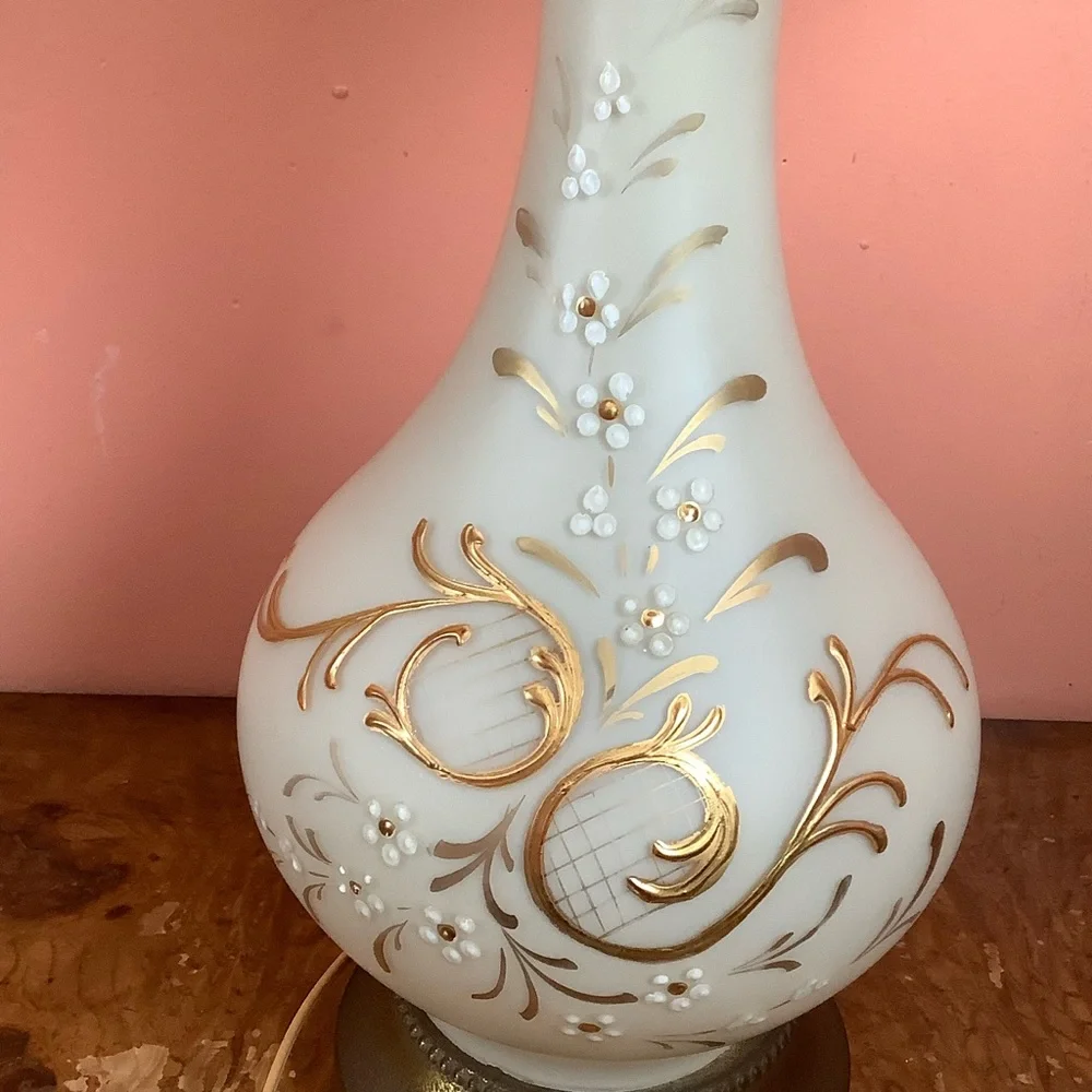 Vintage Bristol Milk Glass 25” Lamp Gold Floral Scrollwork, Modern Fabric Shade